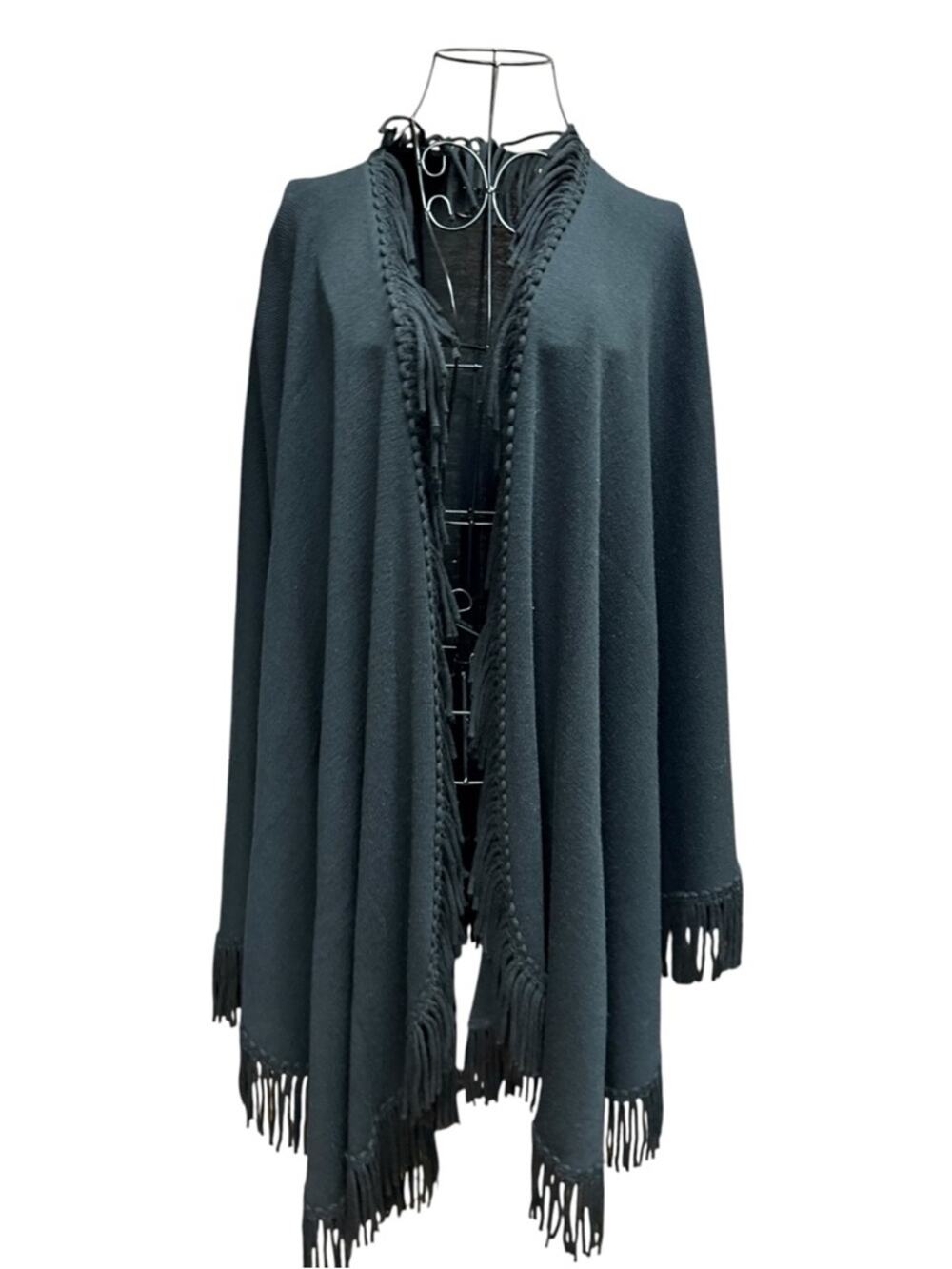 Nina Leonard Black Open-Front Fringe Poncho ONE SIZE